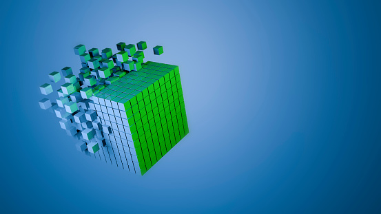 3d cube abstract background. Technology futuristic geometric block disintegrating into particles on blue background. High quality 3d illustration