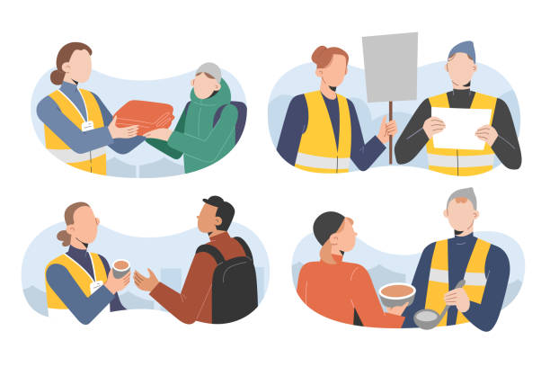 ilustrações de stock, clip art, desenhos animados e ícones de volunteers helping refugees, serving food, giving blankets, preparing hot meals, people volunteering, wearing safety vests, badges - white background support assistance safety