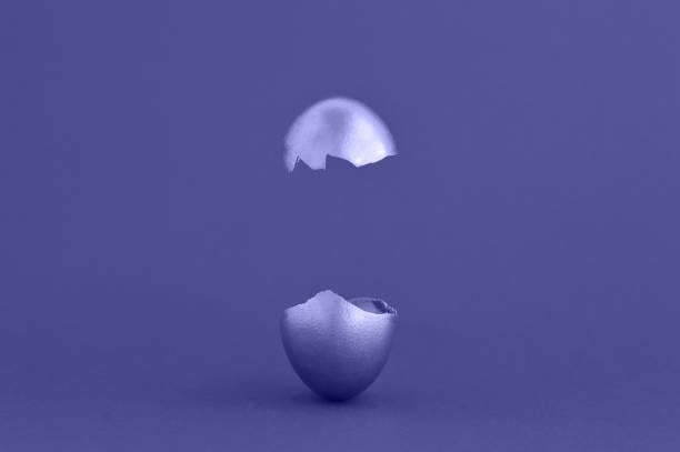 Color of the Year 2022 very pery Easter egg surprise concept. Golden easter egg broken in half on a red background, levitation. Copy space.