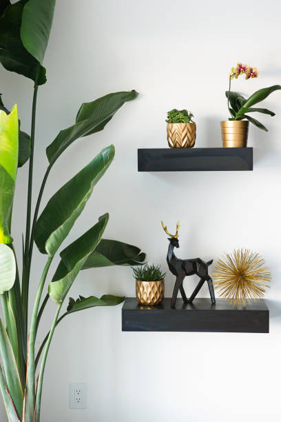 Living room interior with black wooden custom 2” thick floating shelves and gold accent decor.