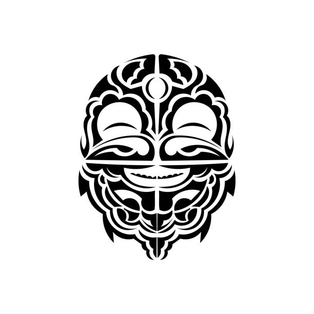 Masks of gods in ornamental style. Polynesian tribal patterns. Suitable for prints. Isolated. Black ornament, vector. Vector illustration in eps10 format for you and your design. polynesian shoulder tattoo designs stock illustrations