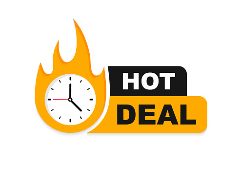 Hot deal banner. Special and limited offer. Sale countdown badge. Promo sticker with stopwatch and fire. Vector illustration.