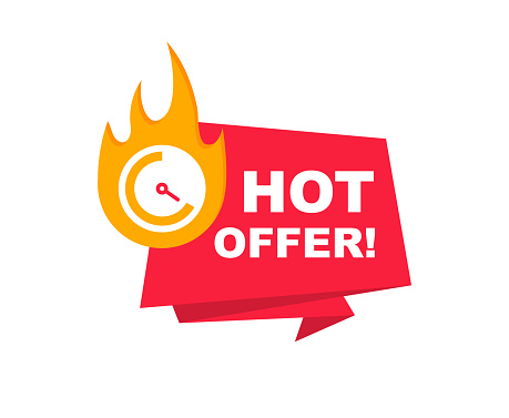 Hot offer banner. Special and limited offer. Sale countdown badge. Promo sticker with stopwatch and fire. Vector illustration.