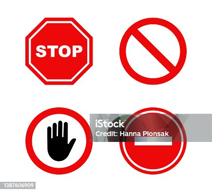 istock Stop sign set. Traffic stop icons. Prohibition sign collection. Do not enter. Warning and attention signs. Dangerous signs. Vector illustration. 1387606909
