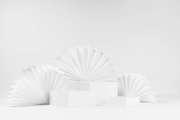 istock White abstract stage with three different rectangle stands mockup with circle ribbed paper fans in fashion style on table for showing, presentation cosmetic product or goods, side view, corner, 3d. 1387607055