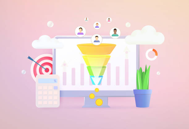 ilustrações de stock, clip art, desenhos animados e ícones de lead generation 3d vector concept. increasing conversion rates marketing strategy for generating new leads and income with inbound marketing technology with sales funnel - chumbo