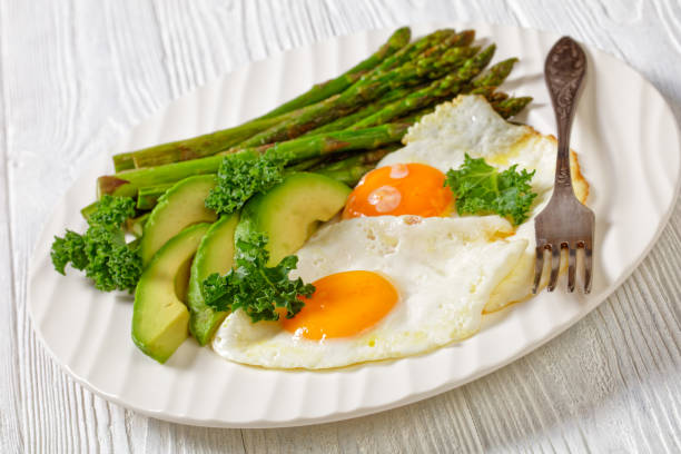 istock roast asparagus, ripe avocado and fried eggs 1387611001