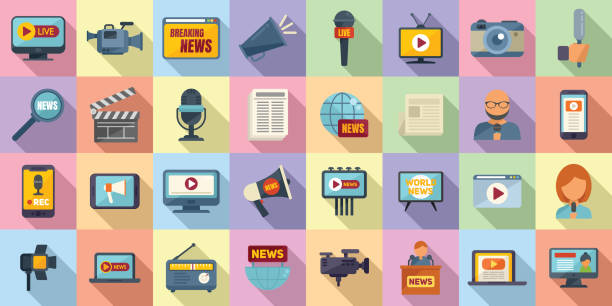 Reportage icons set flat vector. Interview news Reportage icons set flat vector. Interview news. Camera tv interview camera stock illustrations