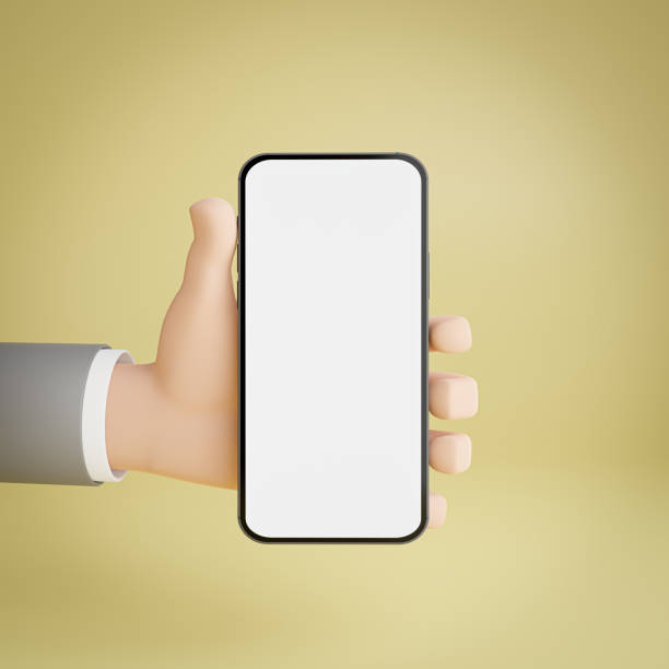 istock 3D hand holding mobile smart phone on yellow background. 3D illustration rendering 1387613284