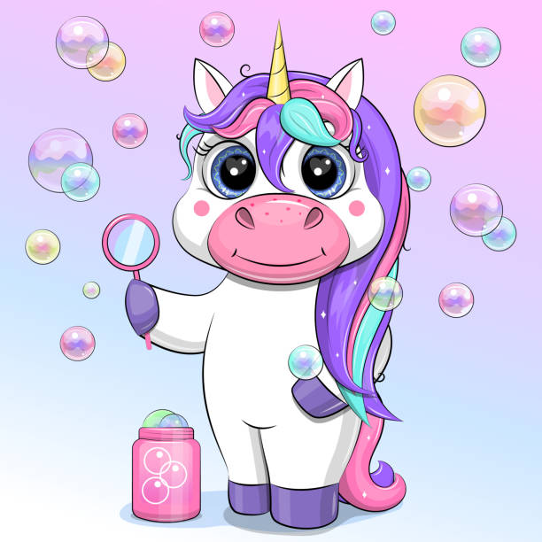 ilustrações de stock, clip art, desenhos animados e ícones de cute cartoon unicorn blowing bubbles. - unicorn pony horse cartoon