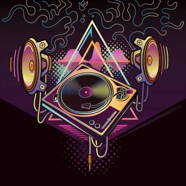 Vector illustration of Turntable and  loudspeakers - electronic music psychedelic colorful musical design