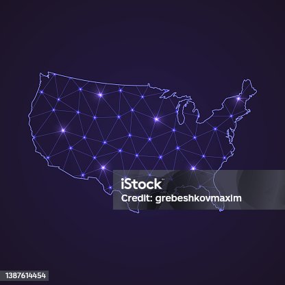 istock Digital network map of United States. Abstract connect line and dot 1387614454
