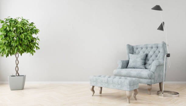 istock Interior Mockup with armchair, floor lamp and fig tree. Blank gray structured wall. 1387615413