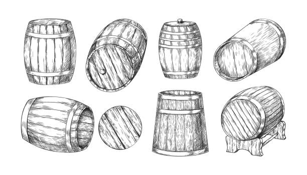 illustrations, cliparts, dessins animés et icônes de croquis de tonneau en bois. fût de bois de chêne vintage dessiné à la main pour la bière, le whisky ou le vin. stockage des boissons alcoolisées. récipients à bière ou à cognac. formes de fûts de cave. ensemble de logos vectoriens d’ancienne b - steep