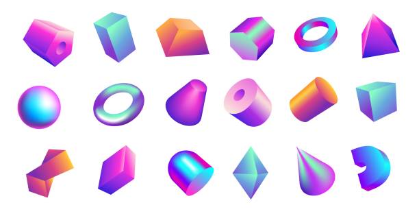 3d-verlaufsformen. geometrische figuren mit hellem farbverlauf. irisierender kugelzylinder und parallelepiped. glänzende pyramide. holographischer kegel oder ring. funkelnder würfel. abstrakte vektorformen menge - pyramide sammlung stock-grafiken, -clipart, -cartoons und -symbole