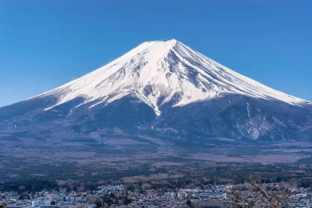 Snow capped Mount Fuji with Fujiyoshida  city at the bottom