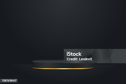 istock Realistic black studio, dark podium with golden glowing stripe. Vector illustration 1387618407