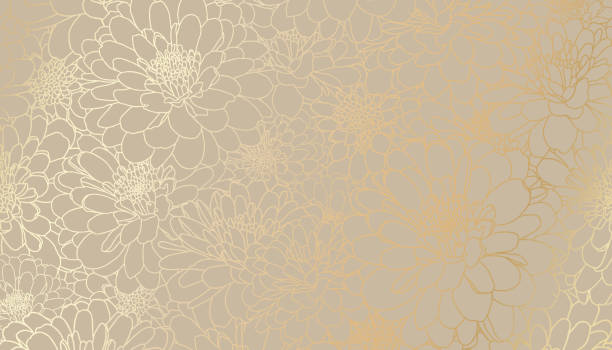 베이지 색 배경에 손으로 그려진 라인 아트에 황금 국화 꽃 - beige background stock illustrations