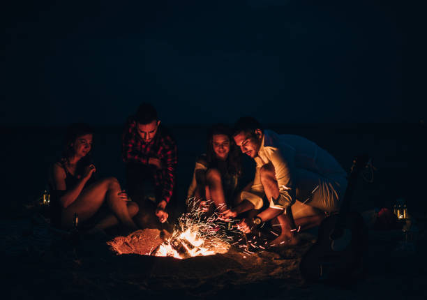 istock Friends were sitting around the fire while drinking beer and playing guitar 1387619287