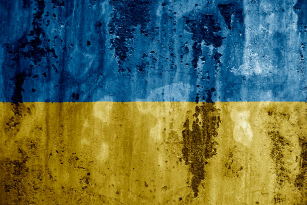 우크라이나의 국기와 벽 질감 - flag russian flag russia dirty 뉴스 사진 이미지