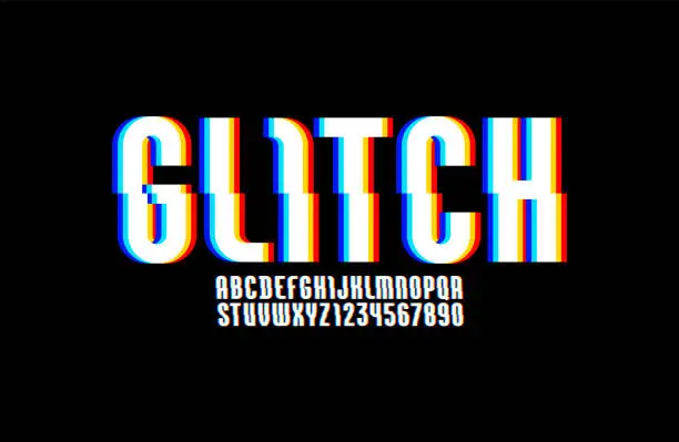Vector illustration of Alphabet of distorted glitch effect, shifted white font, letters and numbers with effect sliced.