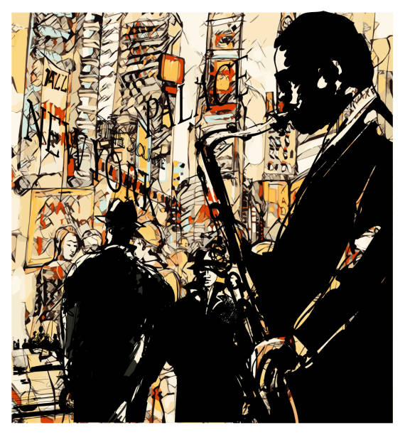 saxophonist auf grunge hintergrund - theaterbezirk von manhattan stock-grafiken, -clipart, -cartoons und -symbole