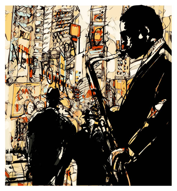 ilustraciones, imágenes clip art, dibujos animados e iconos de stock de saxofonista sobre fondo de grunge - distrito de los teatros de manhattan