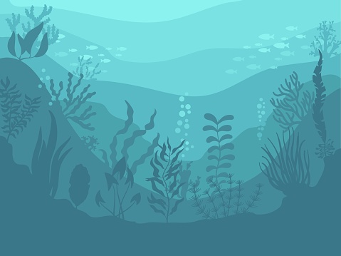 Underwater background with seaweed. Below water, ocean reef with seaweeds and fish silhouettes. Cartoon sea with algae, neat vector marine scene. Illustration of natural sea background