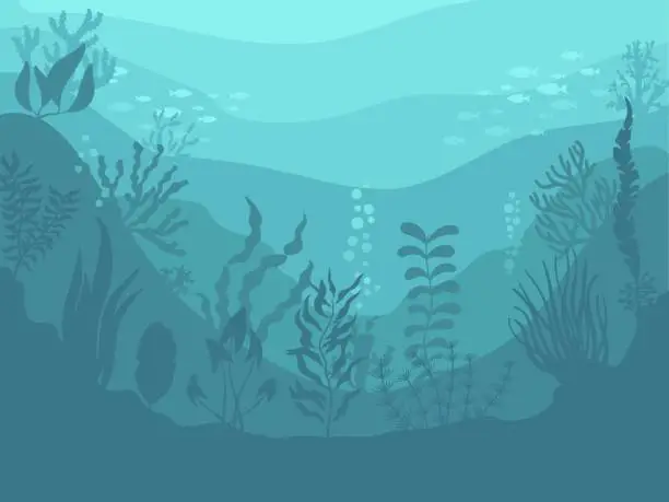 Vector illustration of Underwater background with seaweed. Below water, ocean reef with seaweeds and fish silhouettes. Cartoon sea with algae, neat vector marine scene