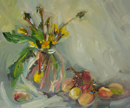 Still life flowers grapes painting. A bouquet of yellow dandelions in a vase. Summer still life oil painting. The original painting. Handmade, modern art for design. neutral shades, ripe grapes