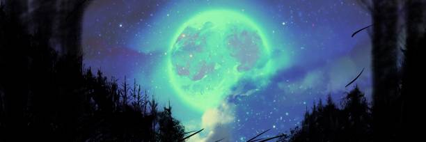 istock Illustration of beautiful night sky scape and mysterious moon beyond silhouette of forest 1387622215