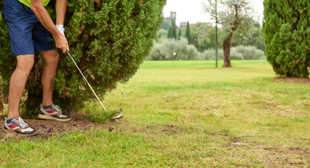 golfeur sur un terrain de golf un jour d’été, se préparant pour un coup difficile. frapper la balle avec un club de golf sous un arbre. - sportsman tree people recreational pursuit photos et images de collection