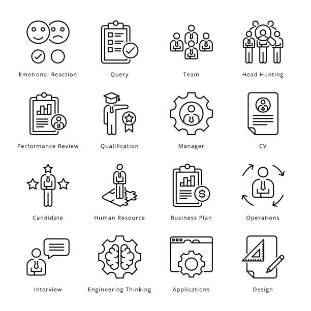 ilustraciones, imágenes clip art, dibujos animados e iconos de stock de iconos de esquema de negocio inteligente - trazos, vectores - evaluación del desempeño