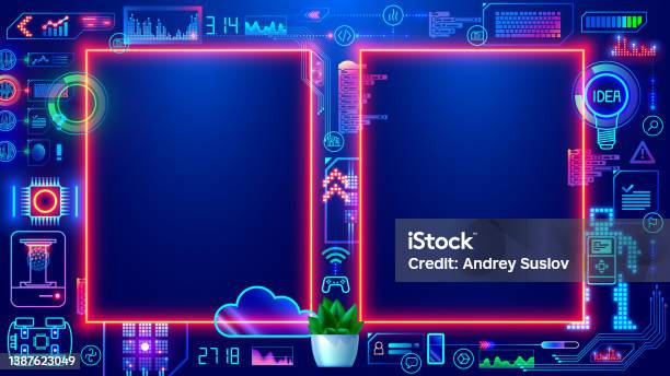 Multi Coloured Computer Frame Double Neon Vertical Frames Or Borders Mock Up On Blue Background In ...