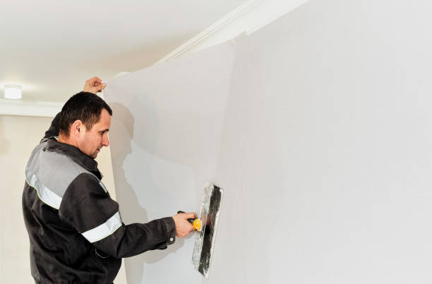 istock Worker attaching wallpaper. Man is putting up wallpapers on the wall. Home renovation concept 1387624611