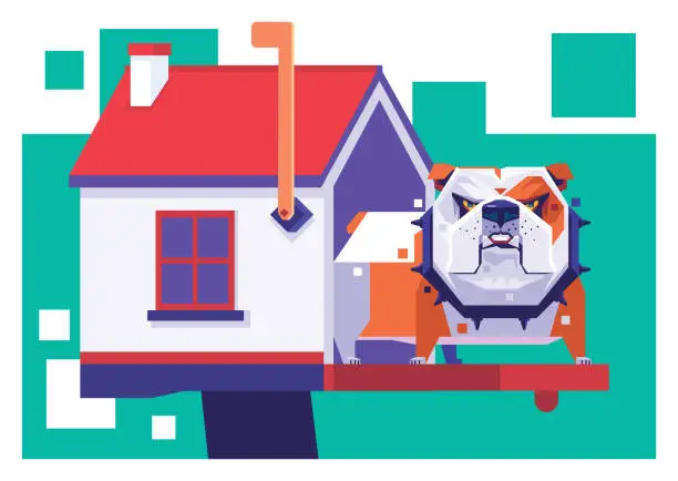 Vector illustration of bulldog guarding mailbox house