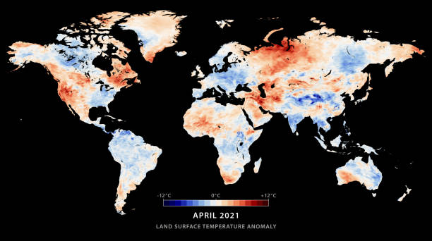 mapa świata anomalia temperatury powierzchni lądu kwiecień 2021 - satellite view illustrations stock illustrations