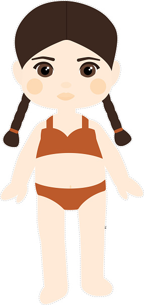 Paper doll girl brown-haired with pigtails in a bathing suit