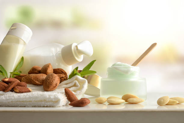 istock Bath and cosmetic products with almond extract in bathroom front 1387626176