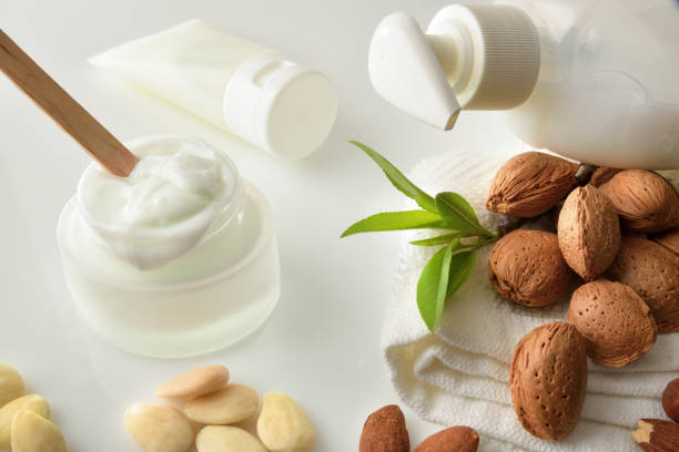 istock Bath and cosmetic products with almond extract elevated view 1387626181
