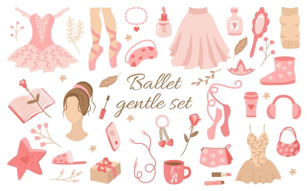 Ballet is a delicate set of feminine elements in shades of pink. Cute items pointe shoes, tutu, perfume, book, candle, ugg boots, phone, headphones, coffee. Vector collection for design or decoration Ballet is a delicate set of feminine elements in shades of pink. Cute items pointe shoes, tutu, perfume, book, candle, ugg boots, phone, headphones, coffee. Vector collection for design or decoration ballet dancing stock illustrations