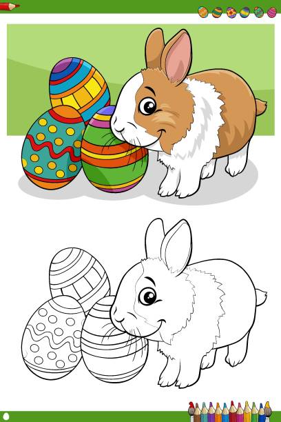 ilustraciones, imágenes clip art, dibujos animados e iconos de stock de personaje de conejo de pascua con huevos para colorear página del libro - easter egg paint black and white drawing