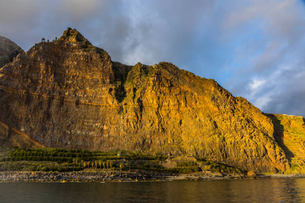 View from the sea towards the high cliffs