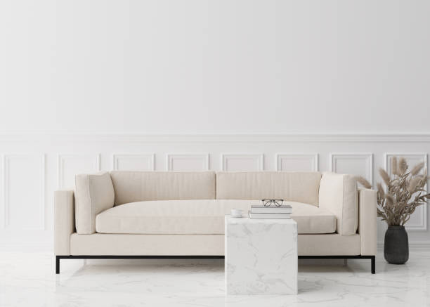 istock Empty white wall in modern living room. Mock up interior in contemporary style. Free, copy space for picture, poster, text, or another design. Sofa, table, pampas grass. 3D rendering. 1387627617