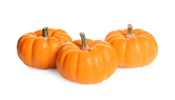 istock Beautiful ripe orange pumpkins on white background 1387630816