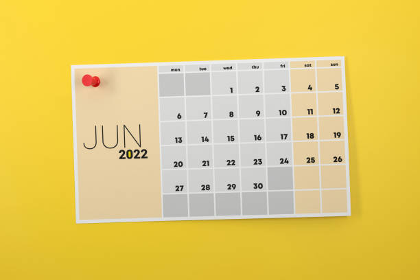 June 2022 Calendar Page Pinned On Yellow Background stock photo