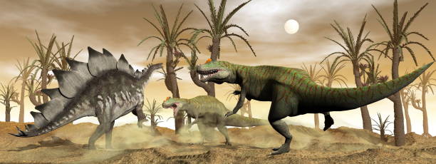 allosaurus e stegosauro dinosauri lotta - 3d rendering - stegosauro foto e immagini stock