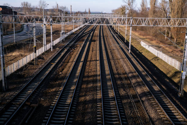 istock Railway station from above. Reconstructed modern railway infrastructure. The way forward railway for train. Empty Railway track for locomotive 1387632322