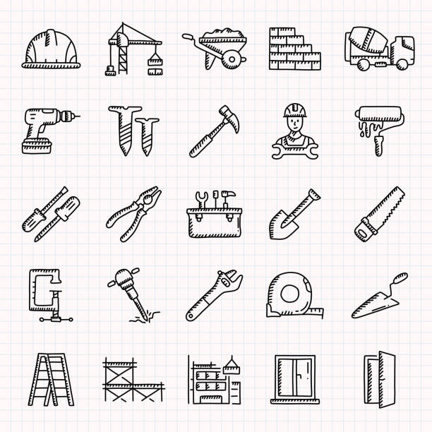 ilustrações, clipart, desenhos animados e ícones de conjunto de ícones desenhados à mão relacionados à construção, ilustração vetorial estilo doodle - construction plan electricity blueprint