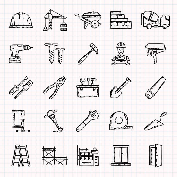 Construction Related Hand Drawn Icons Set, Doodle Style Vector Illustration Construction Related Hand Drawn Icons Set, Doodle Style Vector Illustration working designs stock illustrations